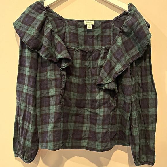 J Crew Size Medium Blue Green Flannel Ruffle Blouse Work Plaid Clueless Fall - Picture 2 of 9